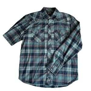 Vans Western Flannel Shirt Blue Green Plaid Snap Buttons Men's Medium